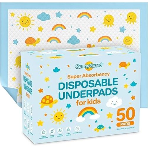 SunnyGuard Disposable Changing Pads for Baby 13 x 18 Inches, 50 Diaper Changing Pad with Unique Design & 6 Layers of Protection for Nursery Use, Travel Changes & Pee Pad Protection, 33 x 46 CM