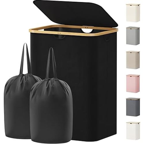 Lifewit 150L Laundry Basket with Lid, Clothes Hampers with Bamboo Handles and 2 Removable Bags, Large Foldable Laundry Hamper for Bedroom, Bathroom, Dorm, Black