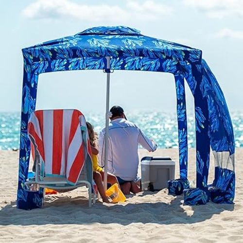 AMMSUN Beach Cabana, 6.2'×6.2' Beach Canopy, Easy Set up and Take Down, Cabana Tent with Sand Pockets, Instant Sun Shade with Side Wall, Coral Tropical