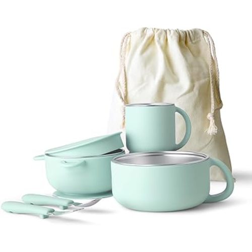 Kids Dinnerware Set - 6 Piese Toddler Plates and Suction Bowls Set with Kids Utensils&Cup, 2 IN 1 Stainless Steel & Silicone Baby Self Feeding Supplies, Sage