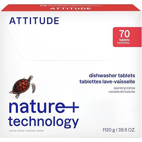 ATTITUDE Dishwasher Pods, Plant-Based & Vegan, Phosphate-Free Detergent Tablets, Naturally Derived, Unscented, 70 Count
