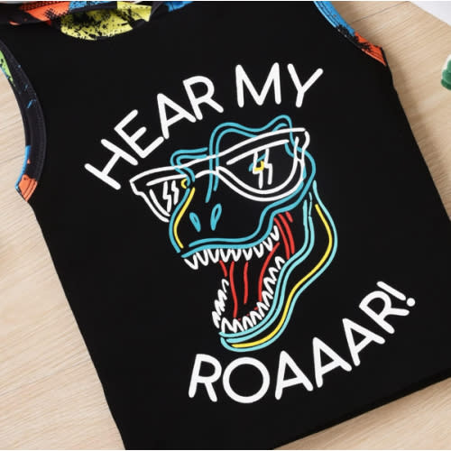 HINTINA Toddler Boy Dinosaur Sleeveless Hoodie Sweatsuit Shorts Pants Outfits Summer Clothes Set
