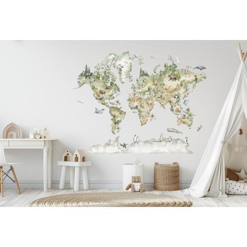 Large World Map Wall Decal Kids, Watercolor Green Forest Animals Mural Kids Nursery Decor