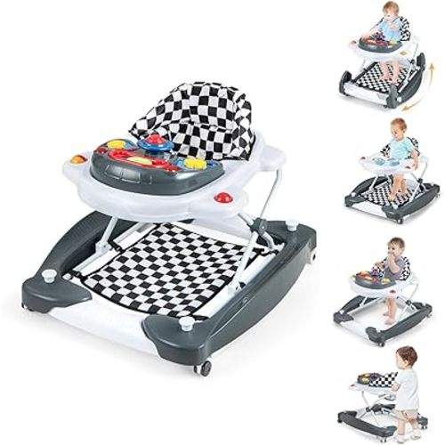 BABY JOY 6-in-1 Baby Walker with Music, Lights, Rocker Mode - Adjustable Height for Boys & Girls 6-18 Months (Gray)
