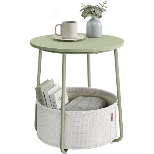 VASAGLE Small Round Side End Table, Modern Nightstand with Fabric Basket, Laurel Green and Cream White ULET223C69