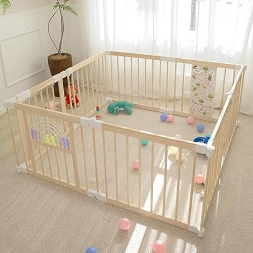 Baby Playpen - Adjustable Multi-Shape Wooden Play Yard, Portable Collapsible Activity Center with Baby Fence Play Area & Toys for Infants, Toddlers (58x58x24inch