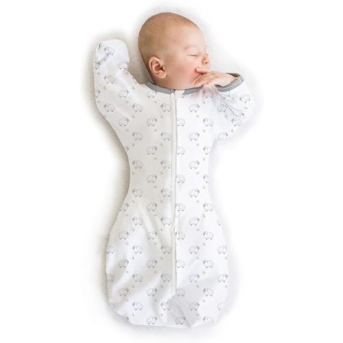 SwaddleDesigns Transitional Swaddle Sack, Arms Up Half-Length Sleeves & Mitten Cuffs, Swaddle for Newborn Transition to Baby Sleep Sack Wearable Blanket, Small, 0-3 Month, 6-14 lb, Tiny Lambs