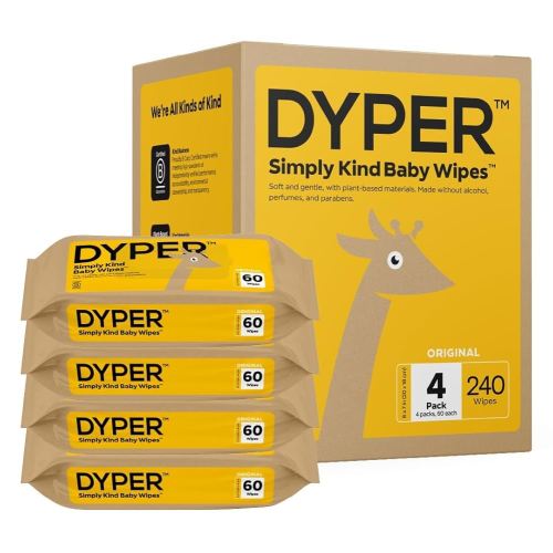 DYPER - 99% Water Based Baby Wipes 100% Made from Plant-Based* & Honest for Sensitive Skin, Fragrance & Plastic-Free - Unscented, Pack of 4 (240 Count)