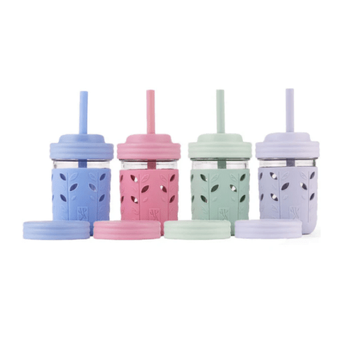 Elk and Friends 8oz Glass Mason Jar (Toddler Cups Drinking Silicone Sleeves & Silicone Straws)