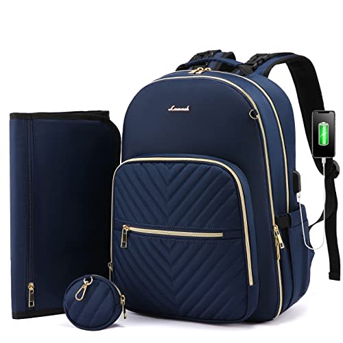 LOVEVOOK Diaper Bag Backpack, Quilted Baby Bag with Changing Pad & Pacifier Holder, Waterproof Travel Diaper Bags with USB Charging Port, Stylish and Large Capacity, Blue