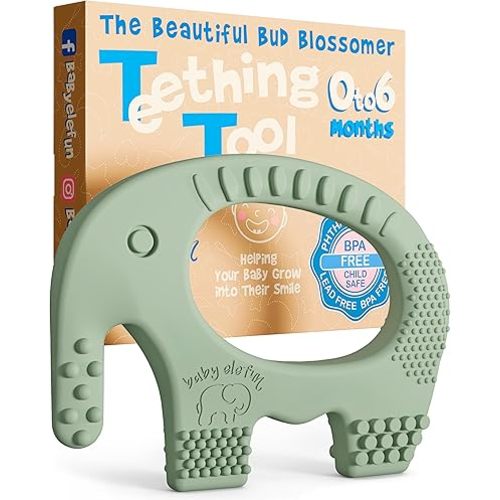 Baby Elefun Baby Teething Toys 5X Pain Relief Zero Delay 0-6 Months, Olive