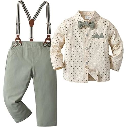 Boarnseorl Baby Boys Gentleman Outfits Pants Sets, Infant Long Sleeve Shirt + Pants + Bow Tie + Suspenders