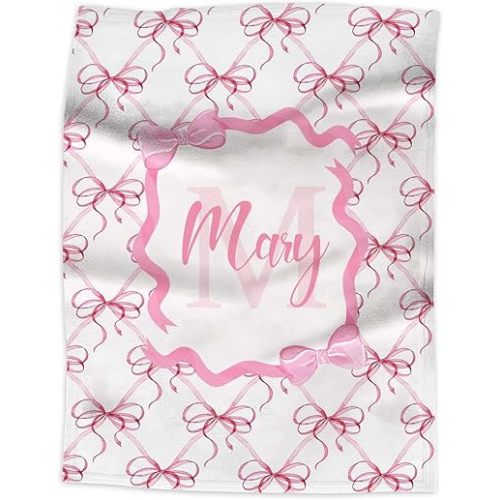 Personalized Baby Blankets with Name Custom Pink Bow Baby Blanket for Girls Kids Soft Flannel Bed Throw for Infant Toddler Soft Newborn Bed Throw, Baby Gift for Baby Shower