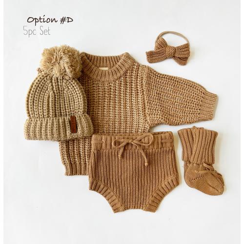 baby newborn knit Set options | sweater bloomer booties hat | Tan