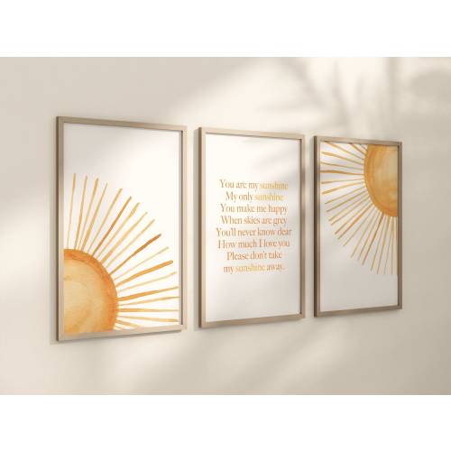 Set of 3 Boho Sun Watercolor Nursery Art Prints, You Are My Sunshine, Gender Neutral, Boy Nursery Wall Art, Baby Shower Gift, Printed, 123