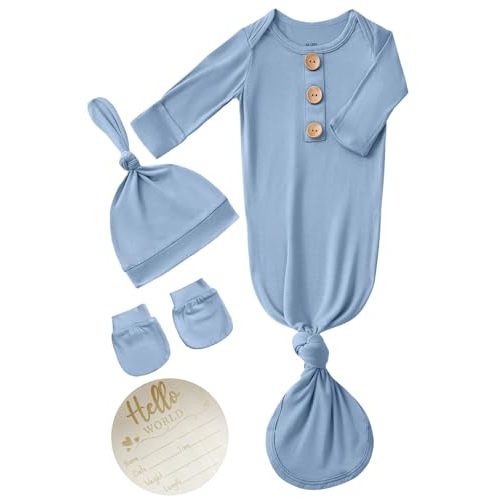 Newborn Baby Knotted Gown Headband/Hat Set Clothes Bamboo Viscose Sleep Gown with Announcement Sign