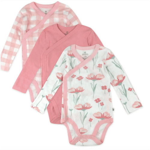 NEWBORN SIZE/Color: Strawberry Pink Floral - 3-Pack Organic Cotton Long Sleeve Side-Snap Bodysuits | Honest Baby Clothing