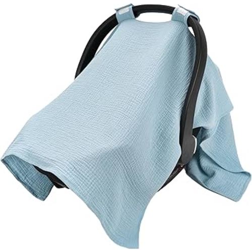 SERAPHY 100% Muslin Cotton Car Seat Cover Baby, Universal Carseat Covers, Breathable Baby Car Seat Canopy for Boys Girls, Soft Infant Car Seat Cover for Summer —Blue