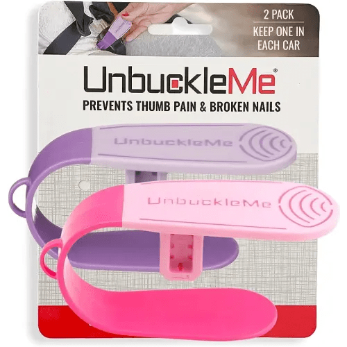 UnbuckleMe Car Seat Buckle Release Tool (As Seen on Shark Tank) - Easy Opener Aid for Arthritis, Long Nails, Older Kids - Button Pusher for Infant, Toddler Car Seats (2 Pack, Pink & Purple)