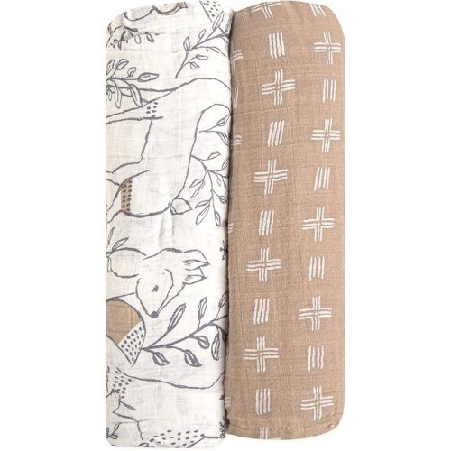 Crane Baby 100% Cotton Muslin Swaddle Blankets, Ezra Woodland Animal, Baby Swaddle Blanket, Set of 2, 47" x 47", Swaddles for Newborns, Baby Muslin Swaddle Blanket, Swaddle Blankets for Boys & Girls