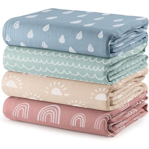 Comfy Cubs Muslin Swaddle Blankets Pack of 4 - Sun, Rainbow, Rain, Doodle