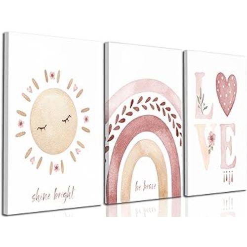 3 Pieces Framed Nursery Canvas Wall Art Pink Sun Rainbow Hearts Posters Prints Boho Kids Room Pictures Wall Decor for Toddlers Children Baby Girl Bedroom Home Decoration