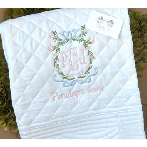 Custom Baby White Diamond Heirloom Quilt Blanket Monogrammed Personalized