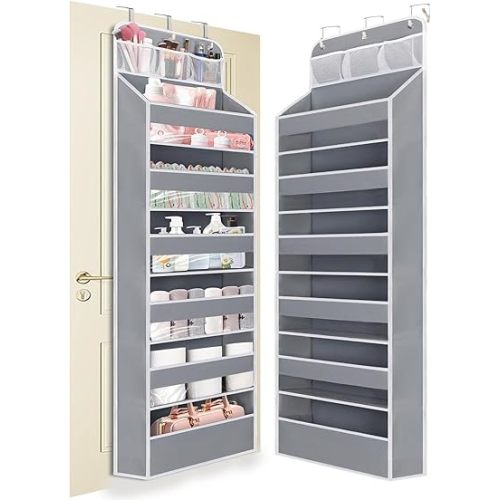 Over Door Hanging Organizer 7 Tiers, 55lb Load Hanging Storage Shelve, No Tilt Behind Door Organization for Nursery Bedroom Bathroom Closet, Hang Storage for Diaper/Kids/Toys/Shoes, Grey