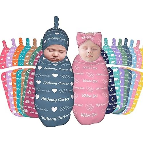 Sweewind Baby Blankets with Name - Custom Newborn Swaddle Blankets for Baby Girls and Boys - Personalized Baby Gifts (Icons)