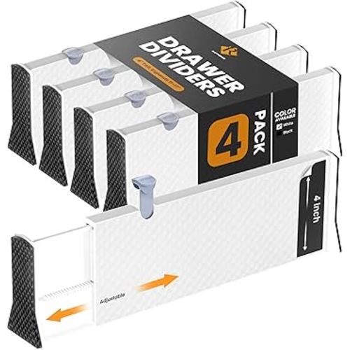 RAPTUROUS Adjustable Drawer Dividers 4 Pack, 4” High, 11-17” Long, Dresser Drawer Divider for Bedroom, Closet, Kitchen, Nursery Organization, Office, Strong & Sturdy Hold, Soft Foam Edges(White)