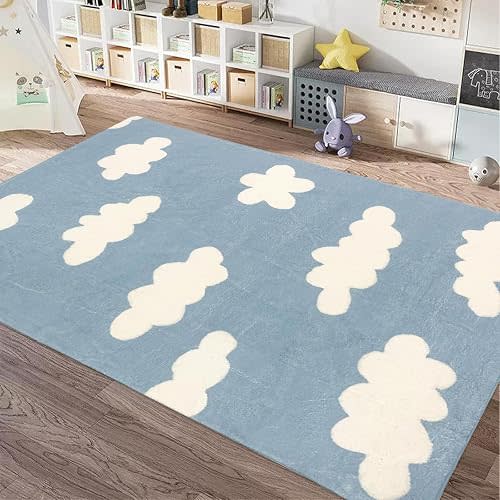 5 x7 Blue Sky White Cloud Area Rug Super Soft Fluffy Wool Rug