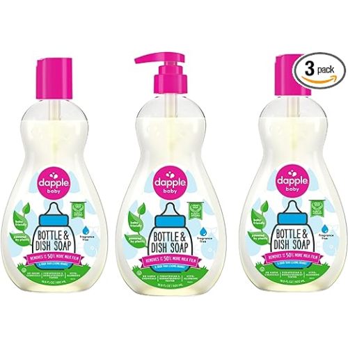 Dapple Baby Bottle Soap, Hypoallergenic Dish Soap for Baby Bottles, Powered by Plants, 1 Pump Included, Packaging May Vary, Fragrance Free, 16.9 Fl Oz (Pack of 3)