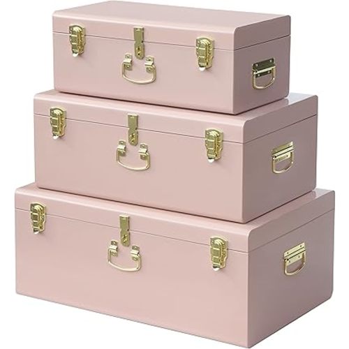 Vixdonos Decorative Box Set of 3 Metal Trunks Chest with Safety Lock Clasp for Treasure Organization and Home Dorm Decor,26.8x16.5x11Inches