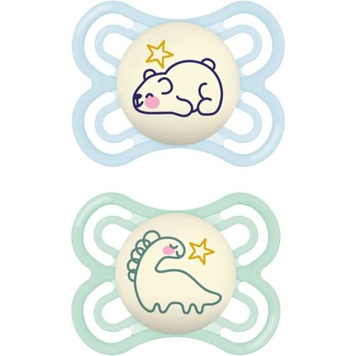 MAM Perfect Night Baby Pacifier, Patented Nipple, Glows in the Dark, 0-6 Months, Boy, 2 Count (Pack of 1)