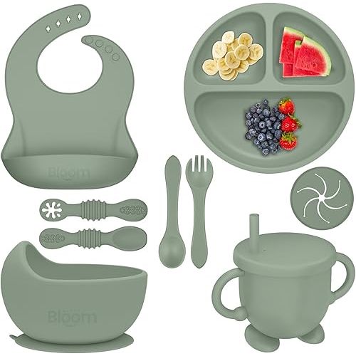 10 pc Premium Silicone Baby Feeding Set, Baby Led Weaning Supplies, Suction Bowl, Suction Plate, 3 in 1 Cup, Bib, Stage 1 and 2 Spoon & Fork, Toddler weaning supplies, Baby feeding essentials
