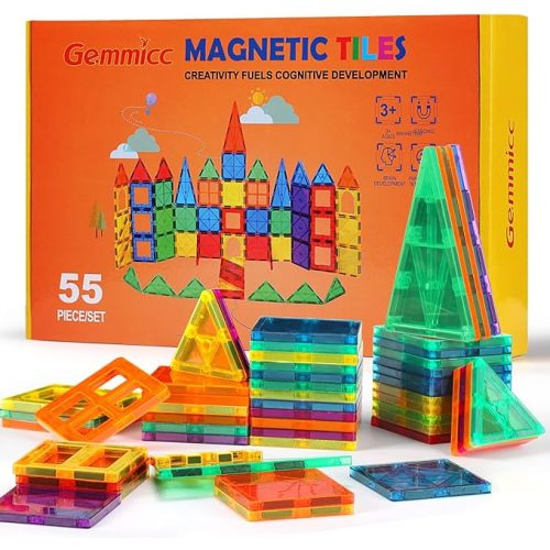 Gemmicc Magnetic Tiles, Magnet Toys Building Blocks for Kids, STEM Approved Educational Toys, Magnet Puzzles Stacking Blocks for Boys Girls,55 PCS Starter Set - 55PCS