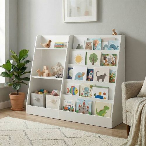 LEDREM 5-Tier Montessori Kids Bookshelf & Toy Storage Organizer, Stepped Book Display with Toy Bin, for Children's Room Reading Nook, Cloud White