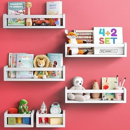 6-in-1 Floating Nursery Book Shelves for Wall (4 Long + 2 Mini) Solid Pine Wood Nursery Shelves, Wall Bookshelf for Kids Room, Toys & Books Display, Baby Shelf (White)