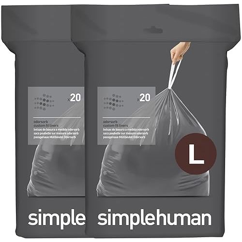 simplehuman Code L 40 Count, Genuine Custom Fit Liners, Drawstring Trash Bags in Dispenser Packs, 18 Liter / 4.7 Gallon