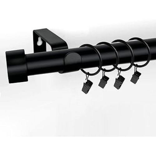 Curtains Rods for Windows 1 Inch Thick Heavy Duty Metal Curtain Rod with Curtain Rings with Clips Sets for Bedroom Living Room Decorative Single Drapery Pole Set, Black, 48 in