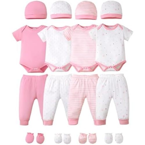 NZRVAWS Newborn Baby Boy Clothes Infant Romper Pants Set Hat 4-Pack Outfits 0-12 Months 16 Pieces Gift Toddler Girl Unisex