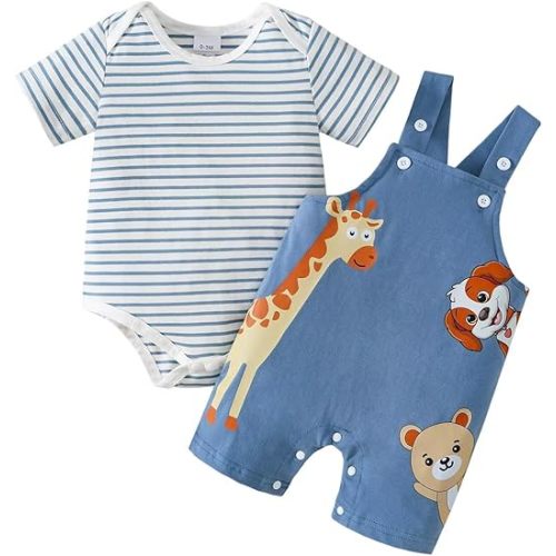 Baby Boy Clothes Cute Summer Outfits Infant Short Sleeve Striped Romper Cartoon Suspender Overalls 0-18 Months