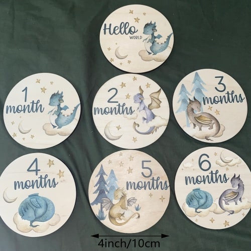 13 Sides Dragon Milestone Cards, Milestone Dragon Discs Marker, Wood Milestone Card, Dragon Milestones Sign, Monthly Announcement Growth Signs for Photography, Photo Prop, Woodland Nursery Theme Sign, First Year Keepsake Collection, Month Round Sign