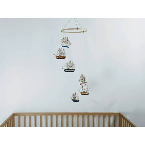 Sailboat Baby Mobile - 10" loop, natural wood finish