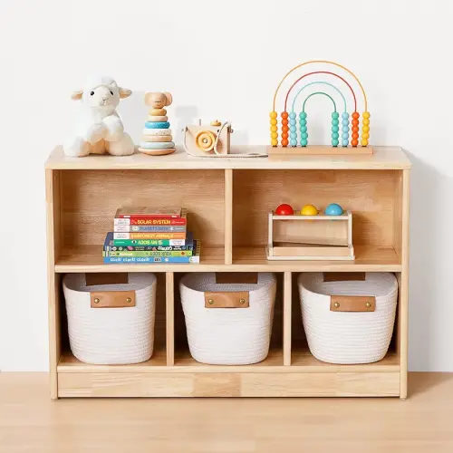 Rubber Wood 5-Compartment Montessori Shelf, 35.4" L, Toy Organizers and Storage, 2-Tier Wooden Storage Cabinet, Kids Classroom Organizer, Playroom, Daycare and Preschool Storage Shelves