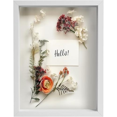 FrameWorks 12” x 16” White Wooden Shadow Box Frame – Display Case with Soft Felt Back, Memory Box with Tempered Glass, Display Box with Elegant White Ball Push Pins, Wooden Flower Box