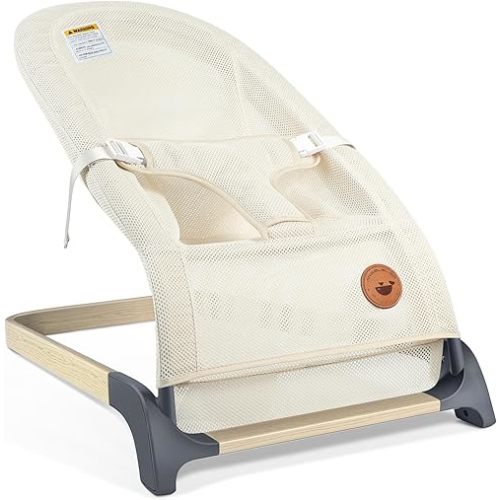ANGELBLISS Baby Bouncer, Portable Bouncer Seat for Babies, Infants Bouncy Seat with Mesh Fabric, Natural Vibrations (Beige)