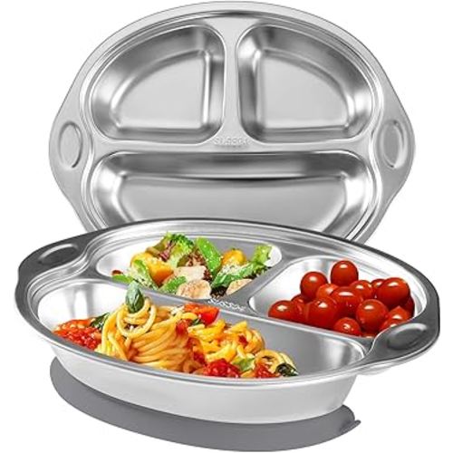 Stainless Steel Baby Suction Plates: Divided Plates Designed for Babies and Toddlers, Made of 100% Food-Grade Materials Ideal for Baby-Led Weaning BPA-Free Toddler Feeding Dishwasher Safe Gray