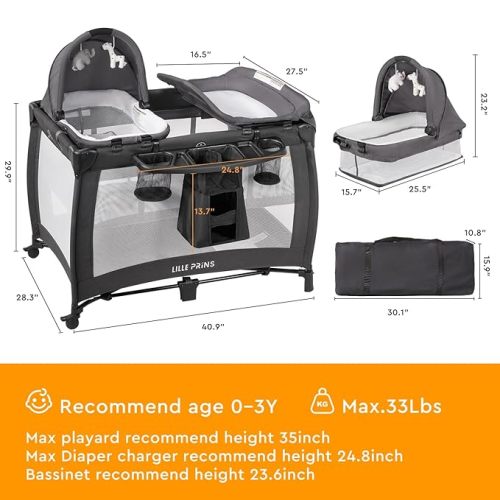 4 in 1 Pack and Play with Infant Bassinet, Diaper Changing Table for Newborn Infant, Portable Baby Playpen for Babies and Toddlers - Grey