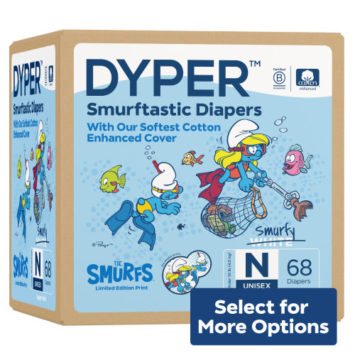 DYPER Cotton-Enhanced Diapers Smurfs Edition, Size Newborn, 68 Count (Select for More Options)